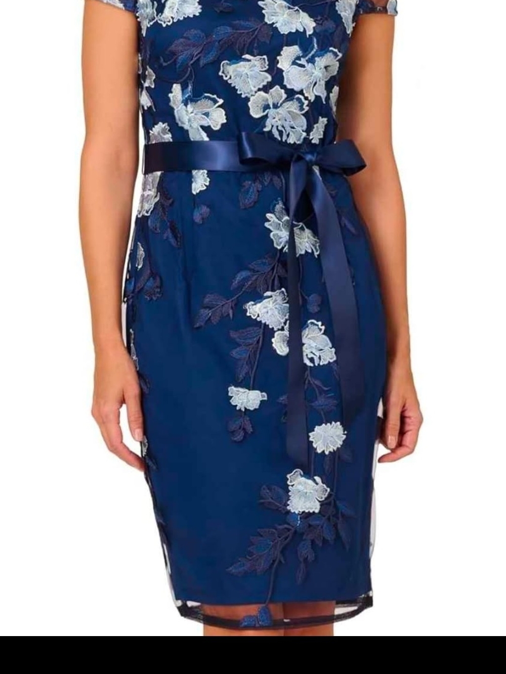 Adrianna Papell Navy Blue Floral Lace Midi Dress with Satin Ribbon